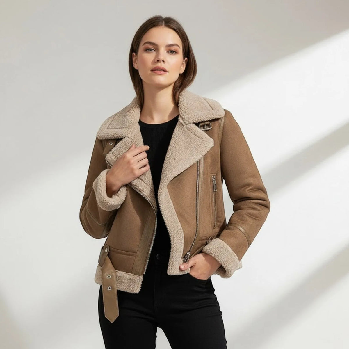 Rose | Suede Shearling-Collar Biker Jacket for Women