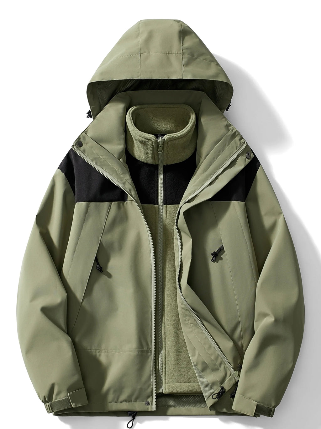 Sage green hooded 3-in-1 jacket, fully unzipped, showing detachable black fleece inner layer and hood