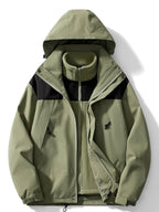 Sage green hooded 3-in-1 jacket, fully unzipped, showing detachable black fleece inner layer and hood