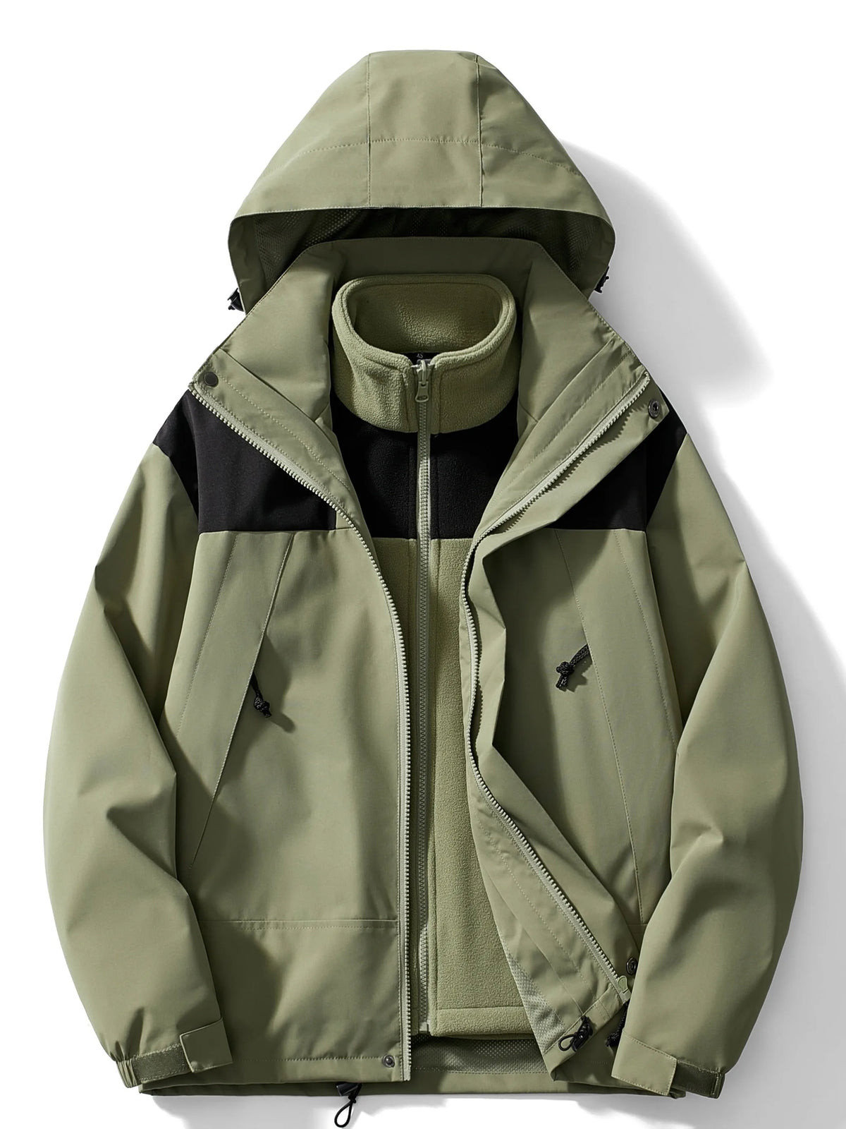 Sage green hooded 3-in-1 jacket, fully unzipped, showing detachable black fleece inner layer and hood