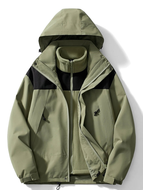Sage green hooded 3-in-1 jacket, fully unzipped, showing detachable black fleece inner layer and hood