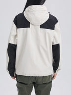 Detail shot of the jacket's hood and stand-up fleece collar with front zip fastening