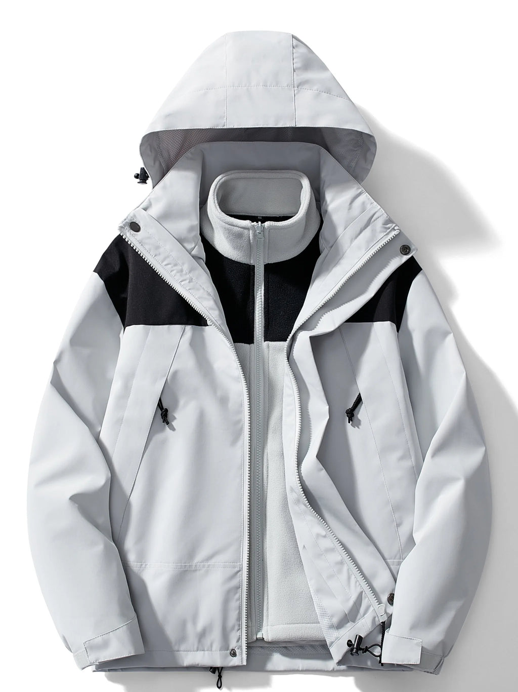 Light grey 3-in-1 hooded jacket open to show the mesh-lined hood and fleece inner vest with black panelling