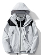 Light grey 3-in-1 hooded jacket open to show the mesh-lined hood and fleece inner vest with black panelling