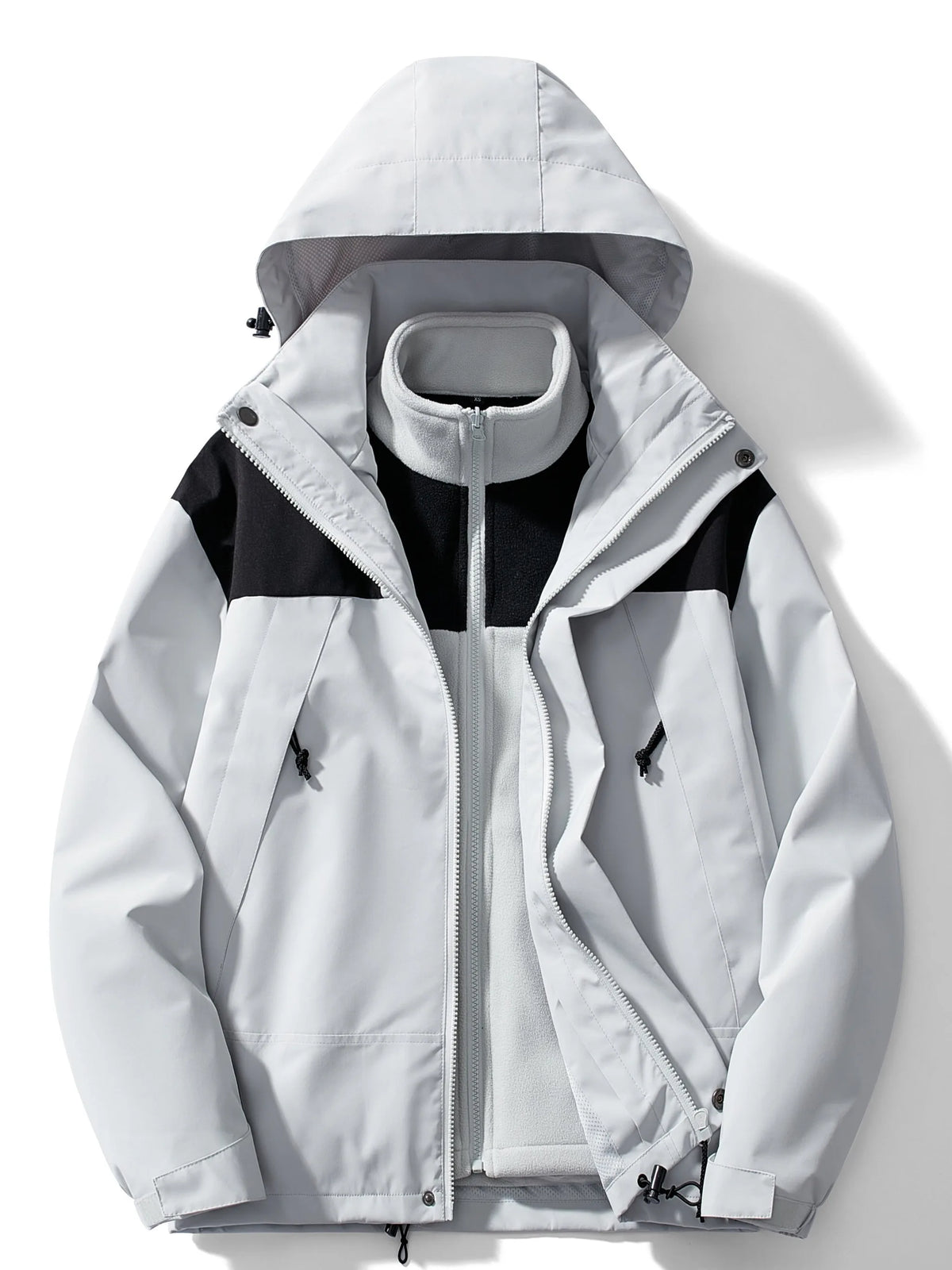 Light grey 3-in-1 hooded jacket open to show the mesh-lined hood and fleece inner vest with black panelling