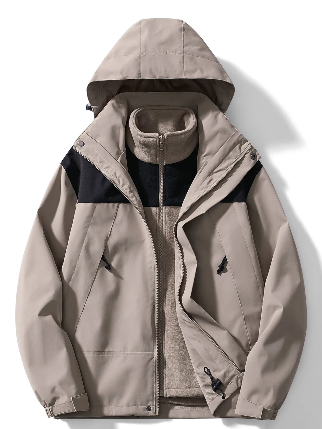Khaki hooded 3-in-1 jacket unzipped, displaying the black colour-block panels and drawstring hem