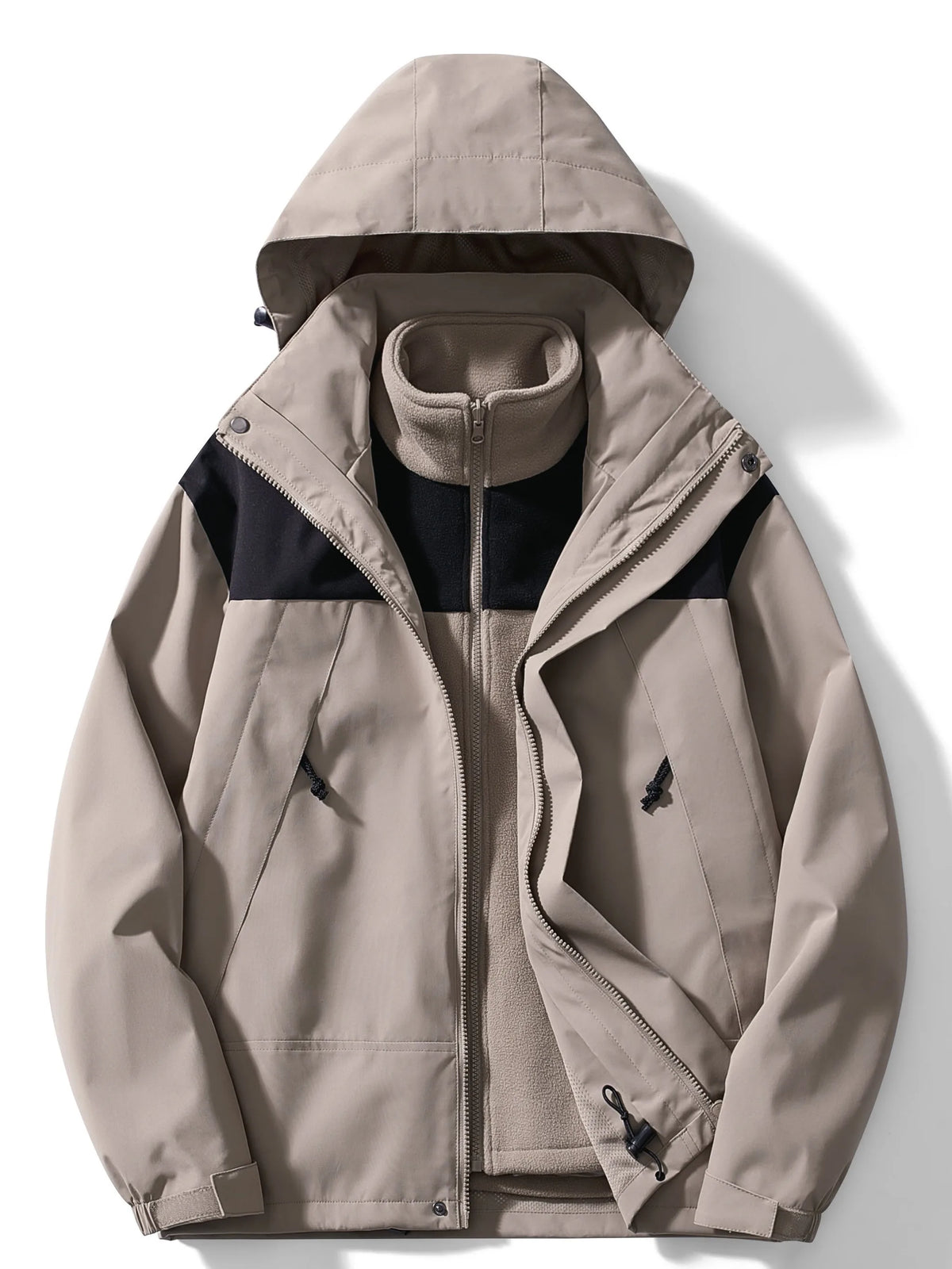 Khaki hooded 3-in-1 jacket unzipped, displaying the black colour-block panels and drawstring hem