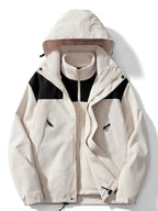 Ivory white hooded 3-in-1 jacket open flat, showing the fleece liner, zip pockets and elastic cuffs