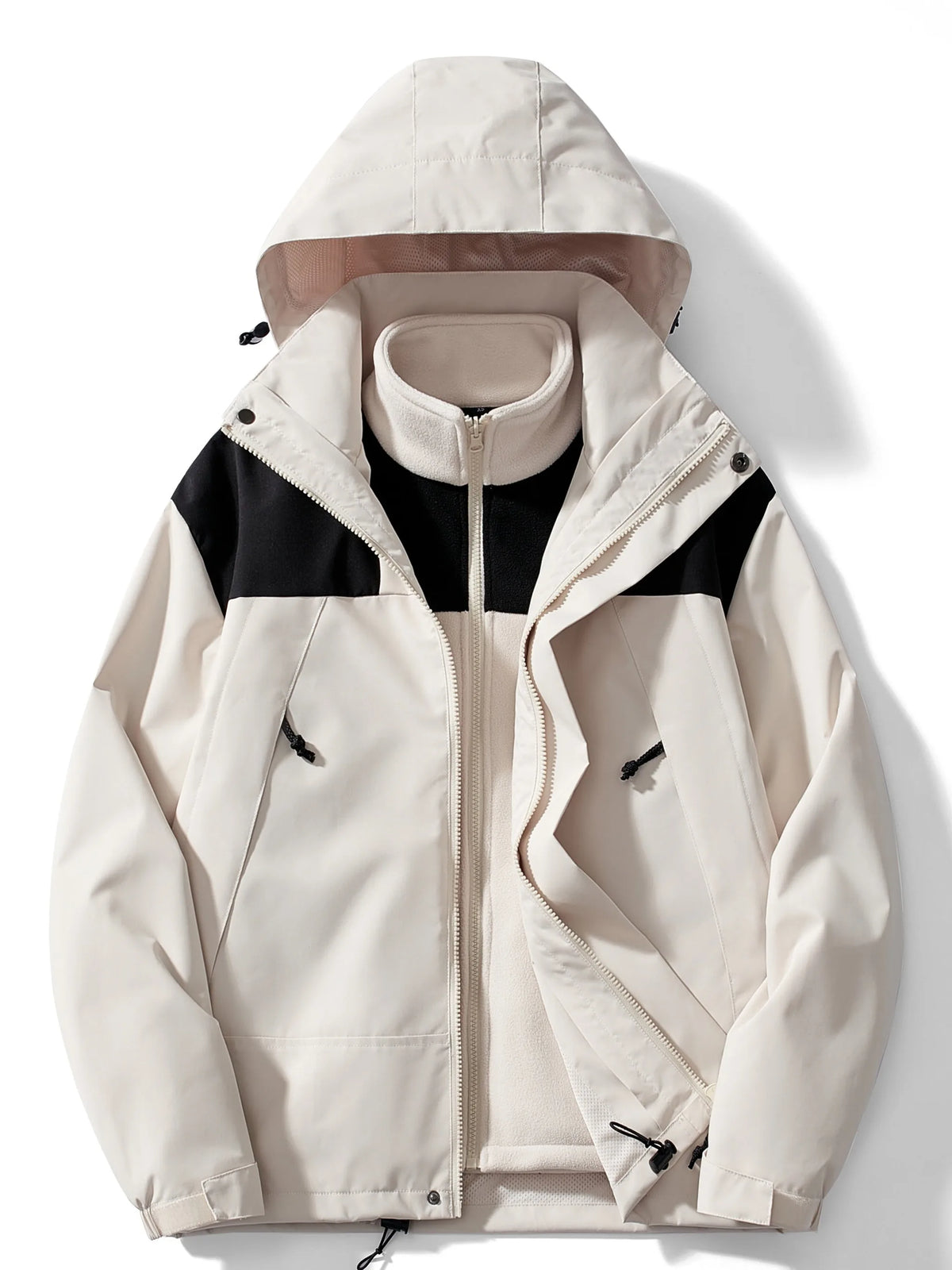 Ivory white hooded 3-in-1 jacket open flat, showing the fleece liner, zip pockets and elastic cuffs