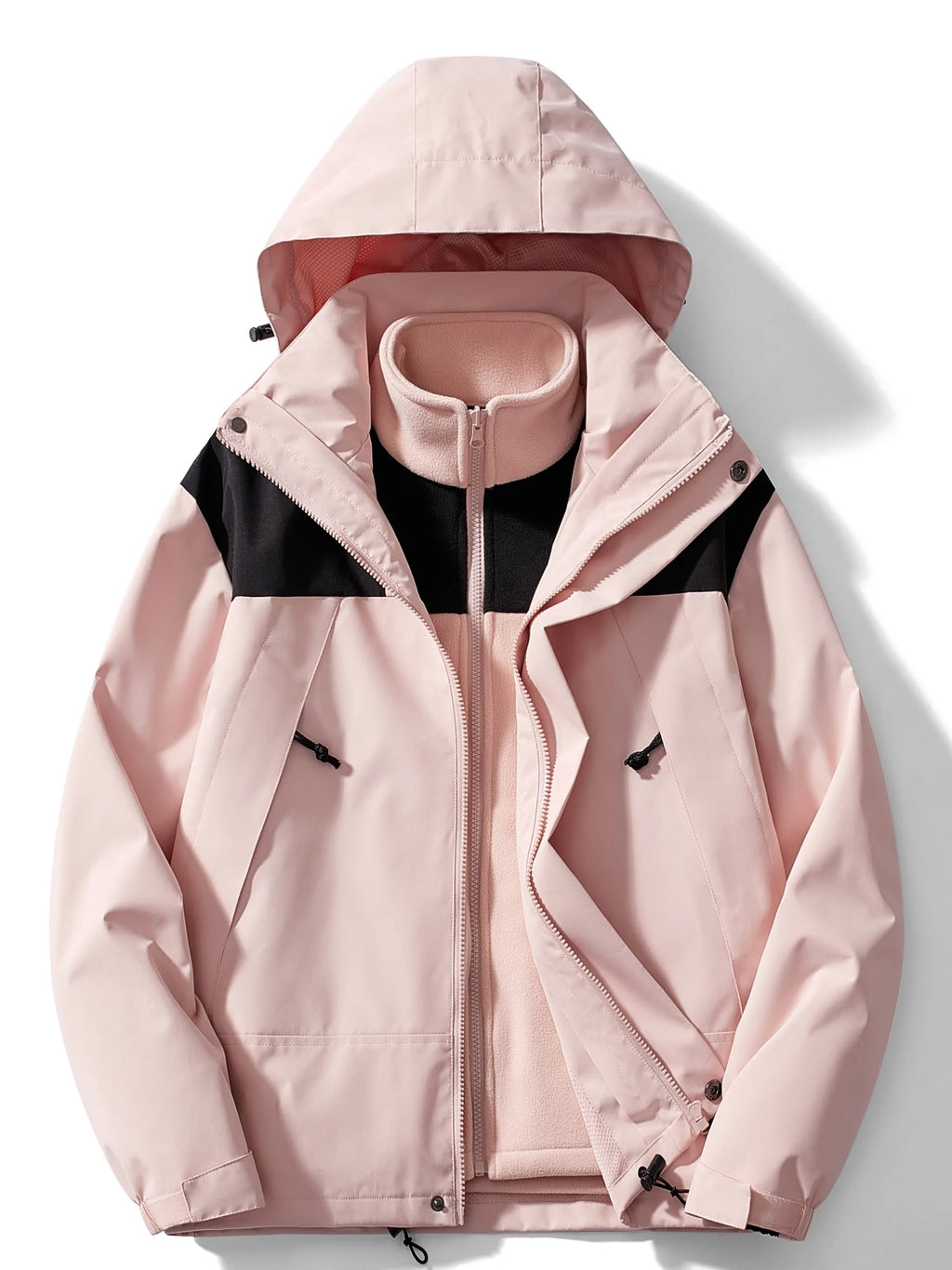 Pink hooded 3-in-1 jacket unzipped, highlighting the soft fleece inner layer and black shoulder panels