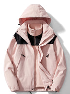 Pink hooded 3-in-1 jacket unzipped, highlighting the soft fleece inner layer and black shoulder panels