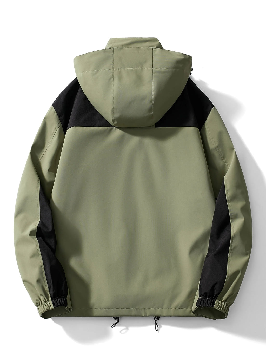 Back view of the sage green hooded jacket showing the black shoulder and sleeve panelling