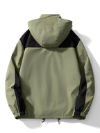 Back view of the sage green hooded jacket showing the black shoulder and sleeve panelling