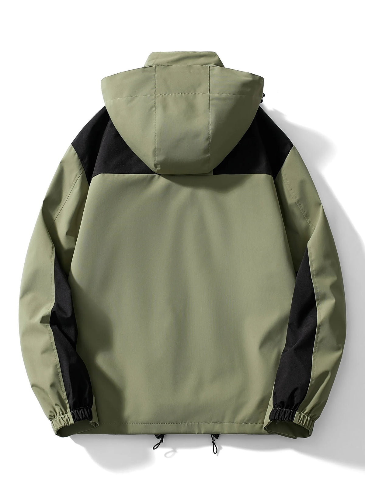 Back view of the sage green hooded jacket showing the black shoulder and sleeve panelling