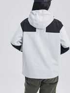 Model wearing the light grey hooded jacket from behind, showing the fit, hood and black colour-block detailing