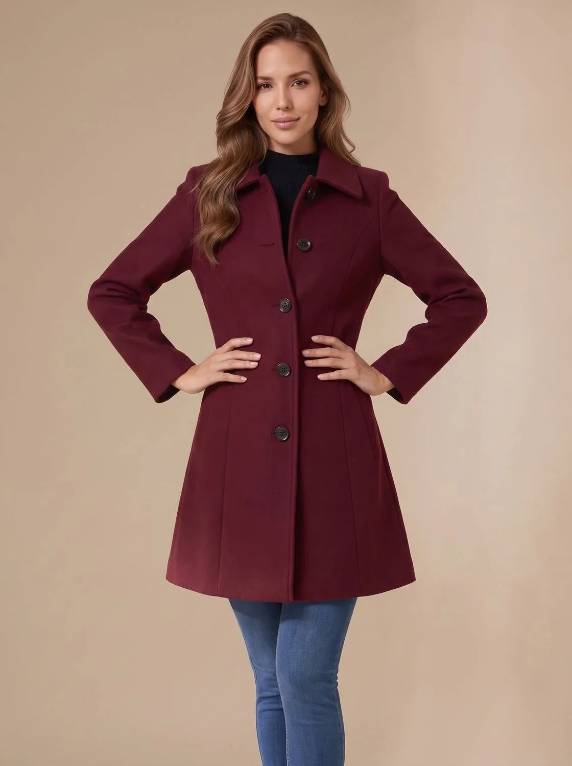Detail shot of the coat pocket and side seam showing the tailored construction along the hip