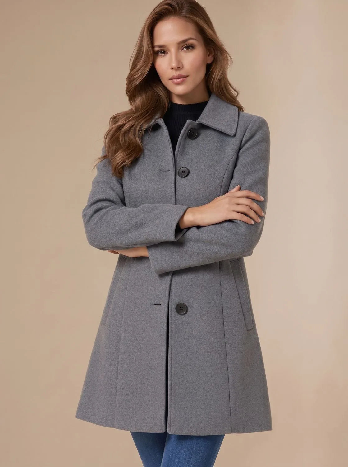 Grey marl wool coat worn open-collared with arms crossed, showing tailored waist seam and button front