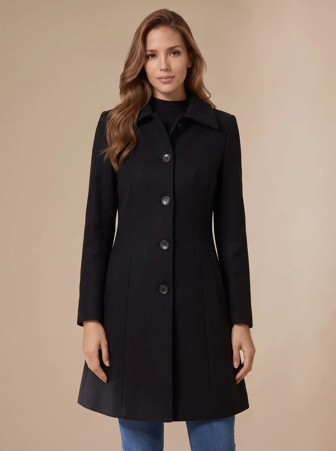 Black A-line wool coat buttoned to the neck, styled with a black polo neck and jeans for a classic winter look