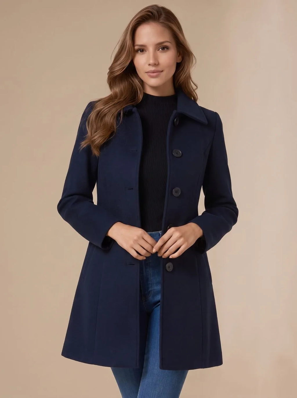 Navy wool coat buttoned up, front view showing tailored princess seams and classic point collar