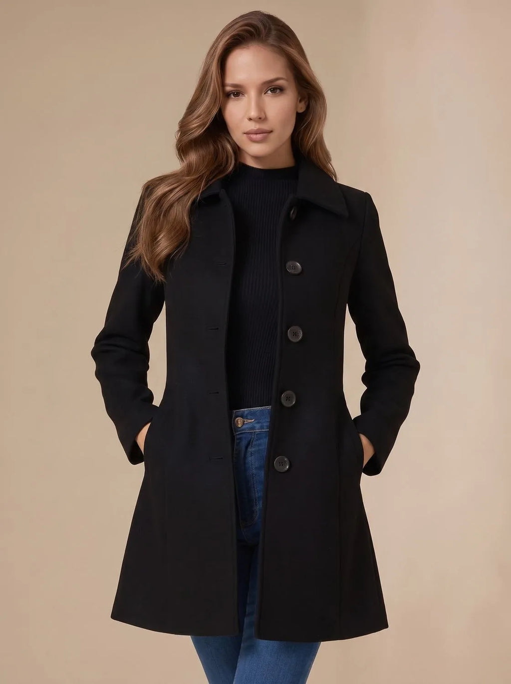 Black A-line wool coat with hands in pockets, showing the flared hem and full-length silhouette from the front