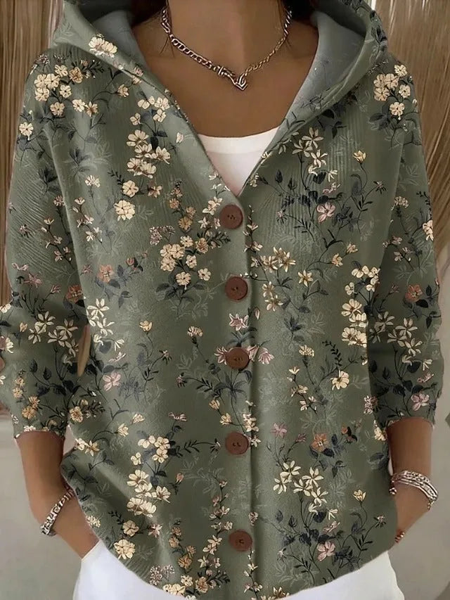 Sage green hooded cardigan with a delicate cream and pink floral vine print