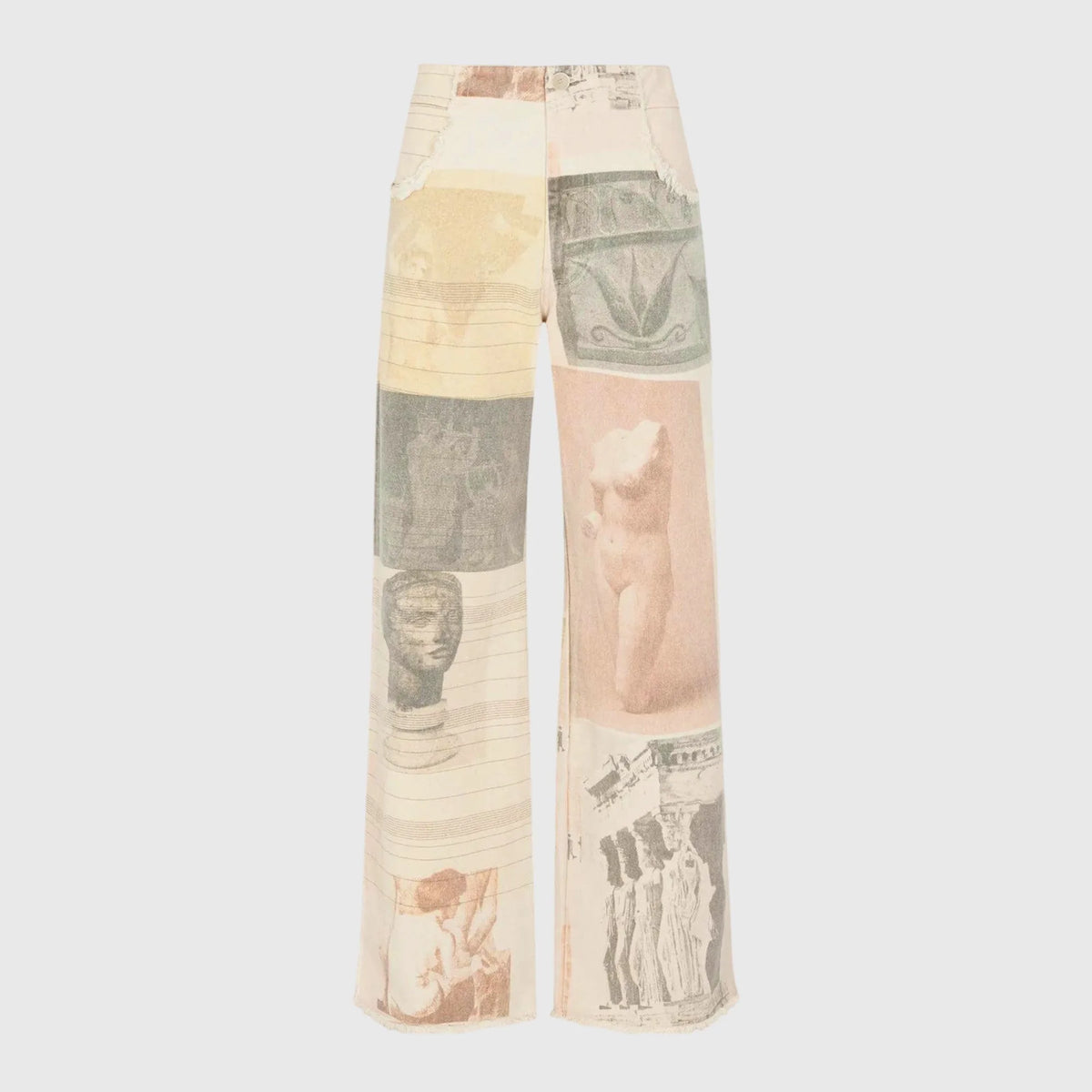 Flat lay front view of the wide-leg jeans showing the full patchwork print from waist to frayed hem
