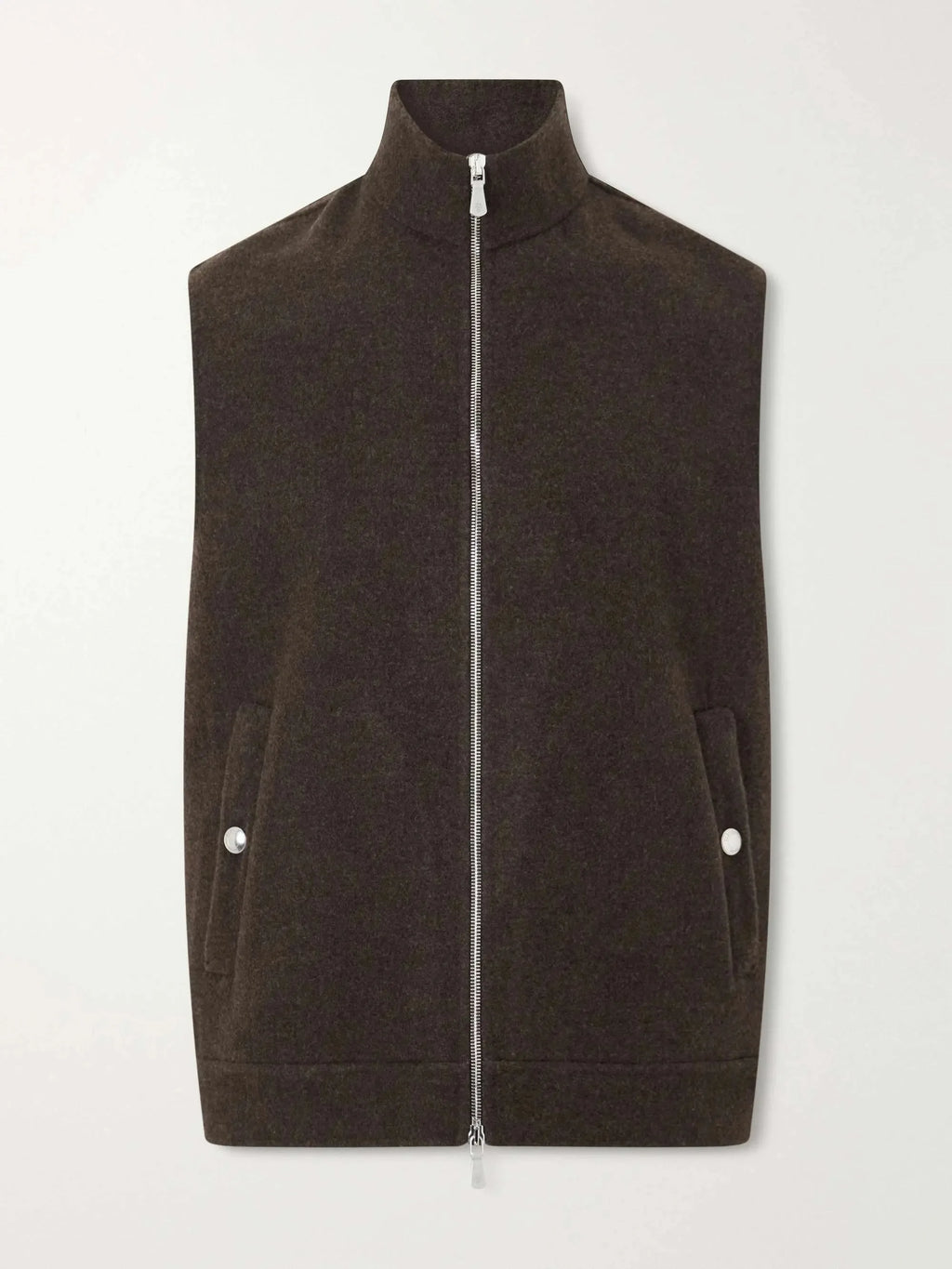 Flat lay of the brown brushed-wool gilet showing the full-length zip, stand collar and snap-button pocket flaps