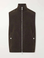 Flat lay of the brown brushed-wool gilet showing the full-length zip, stand collar and snap-button pocket flaps