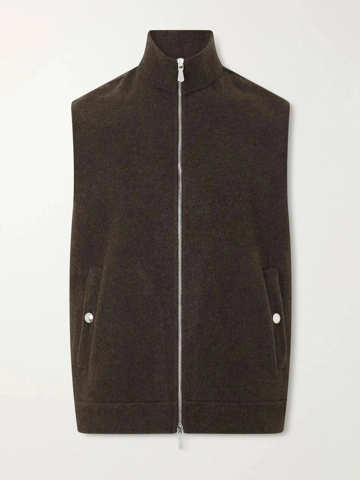 Flat lay of the brown brushed-wool gilet showing the full-length zip, stand collar and snap-button pocket flaps