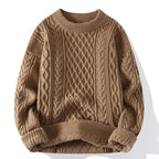 Camel brown cable-knit jumper with crew neckline, highlighting the chunky textured knit construction