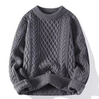 Grey cable-knit jumper with ribbed trim, front view showcasing the classic cable and diamond stitching
