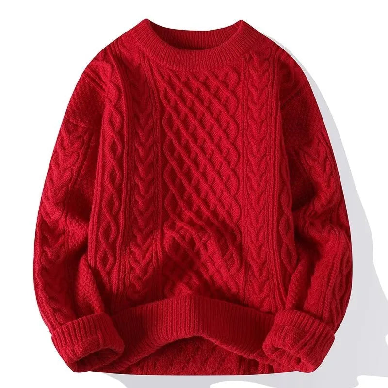 Red cable-knit jumper with ribbed crew neck and cuffs, front view of the structured knit pattern