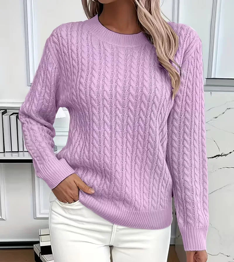 Lilac purple cable-knit crew-neck jumper with relaxed fit, front-facing close-up