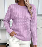 Lilac purple cable-knit crew-neck jumper with relaxed fit, front-facing close-up