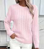 Close-up of the ribbed crew neckline and cable-knit stitching on the jumper