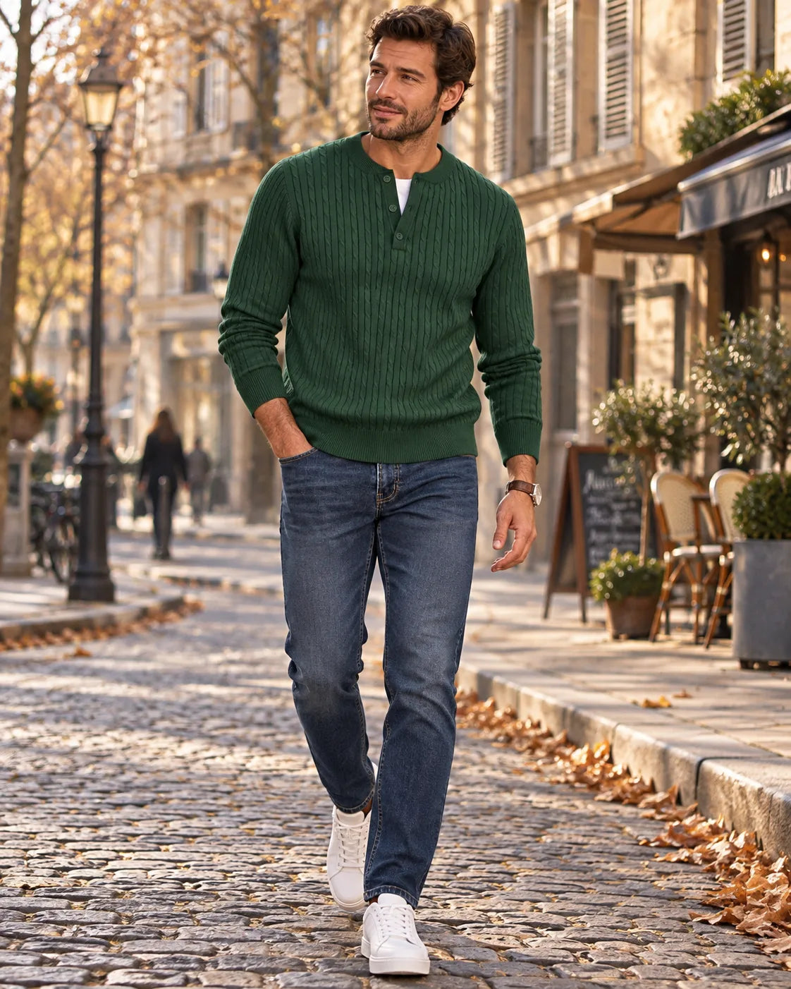 Man wears a forest green cable-knit Henley jumper over a white tee with dark jeans and white trainers on a cobbled street.