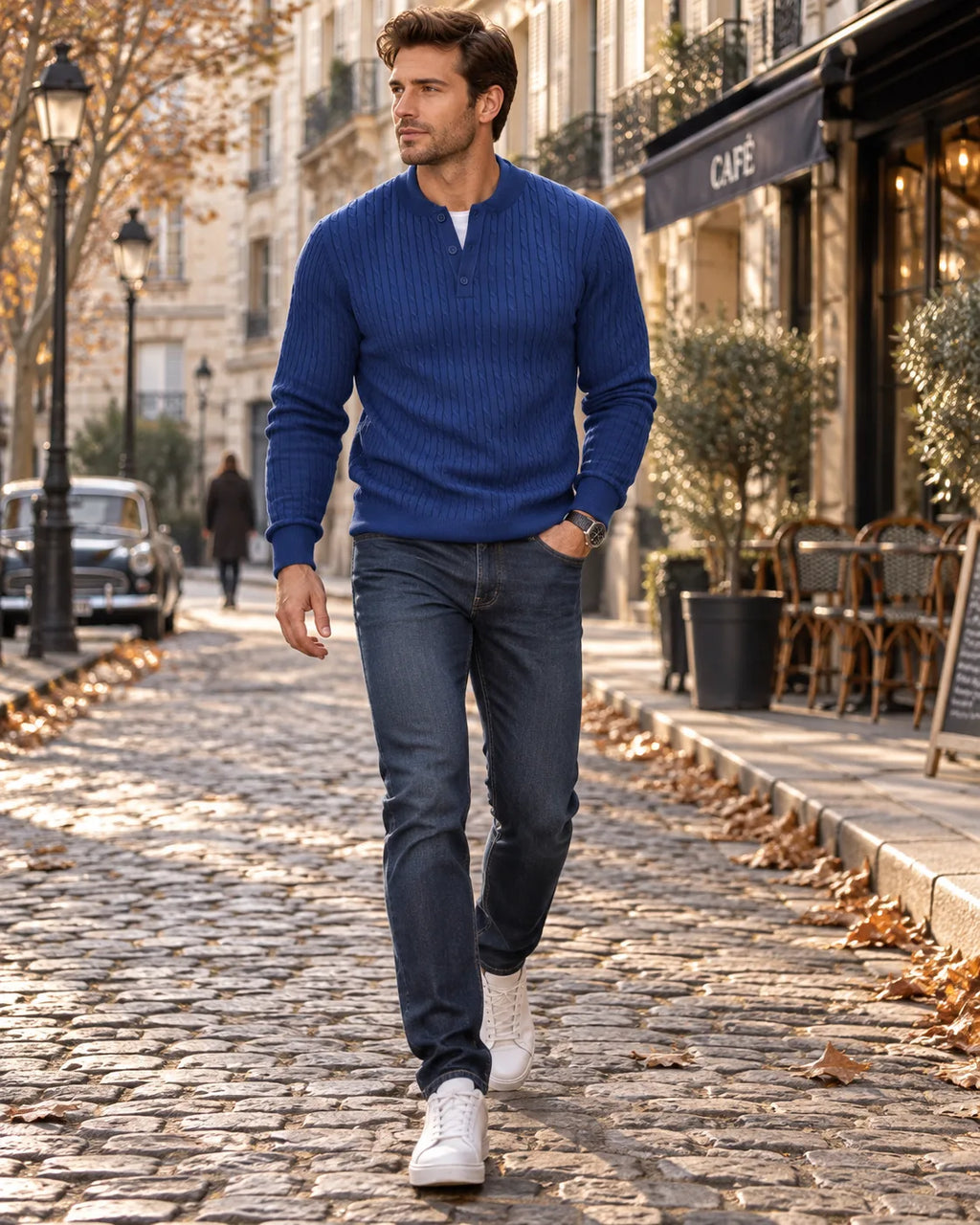 Cobalt blue cable-knit Henley jumper with ribbed cuffs and hem, styled with dark denim and white high-top trainers.