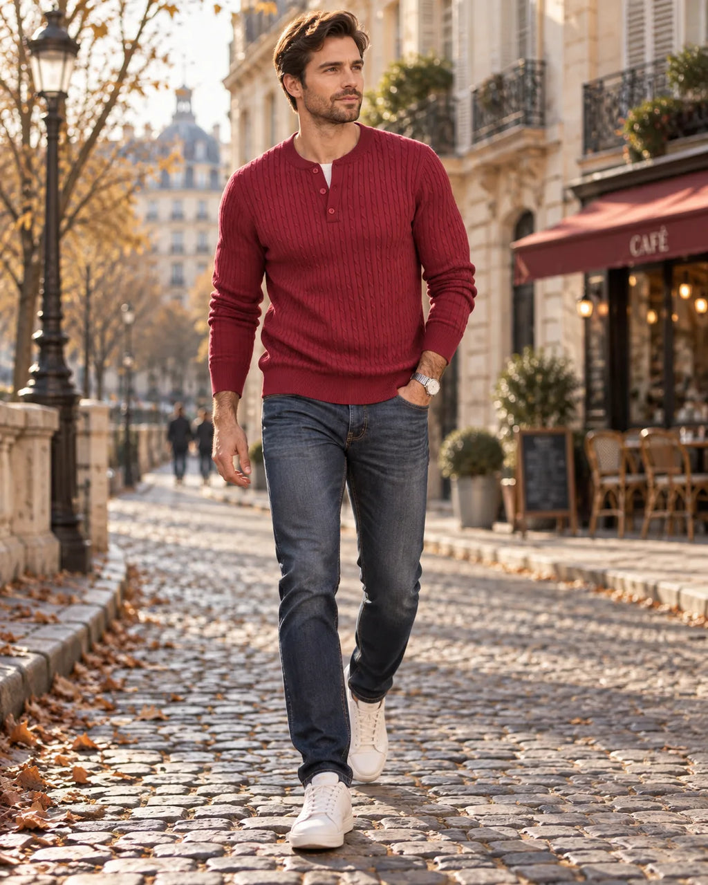 Burgundy red cable-knit Henley jumper with three-button placket, worn with slim dark denim and white trainers.