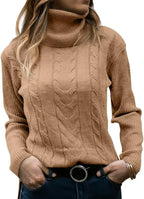 Front view of an apricot cable-knit polo neck jumper with ribbed roll neck and long sleeves