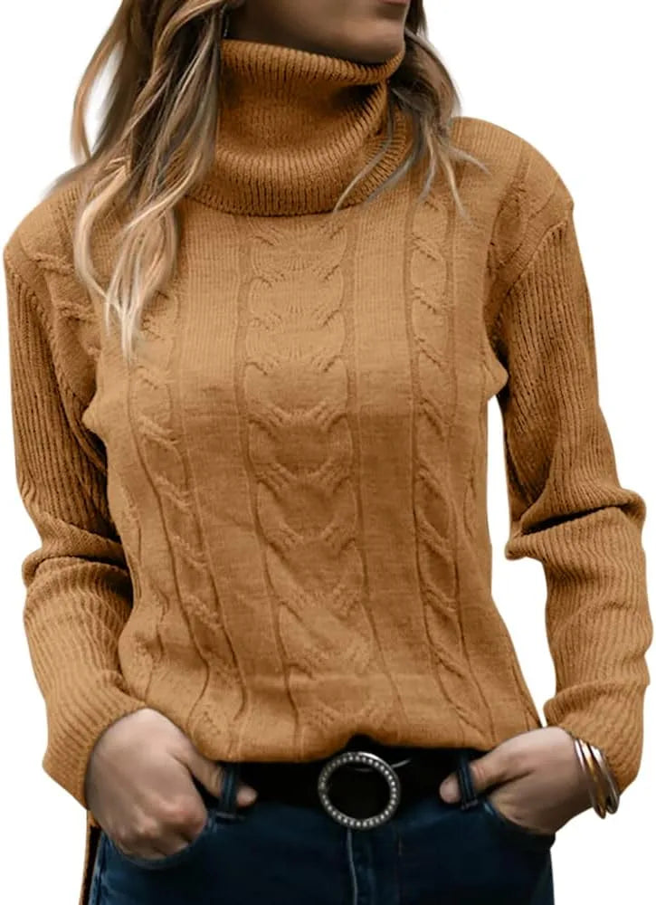 Olive green cable-knit polo neck jumper, side angle highlighting sleeve ribbing