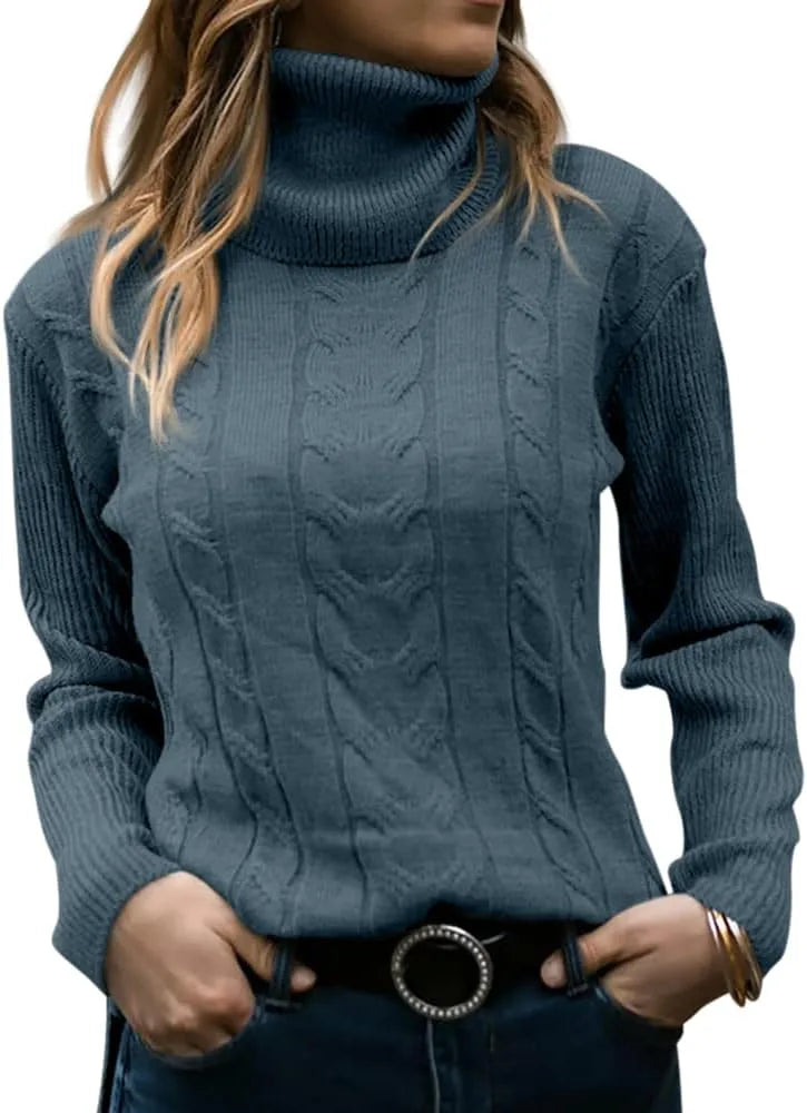 Blue cable-knit polo neck jumper, close-up of the raised cable pattern on the chest