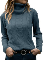 Blue cable-knit polo neck jumper, close-up of the raised cable pattern on the chest