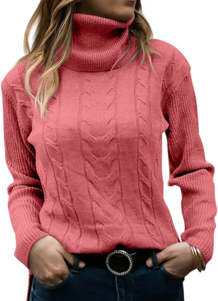Light brown cable-knit polo neck jumper, model with hands in jean pockets