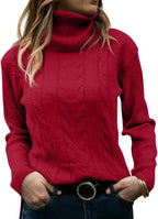 Pink cable-knit polo neck jumper, front view showing high roll neck detail