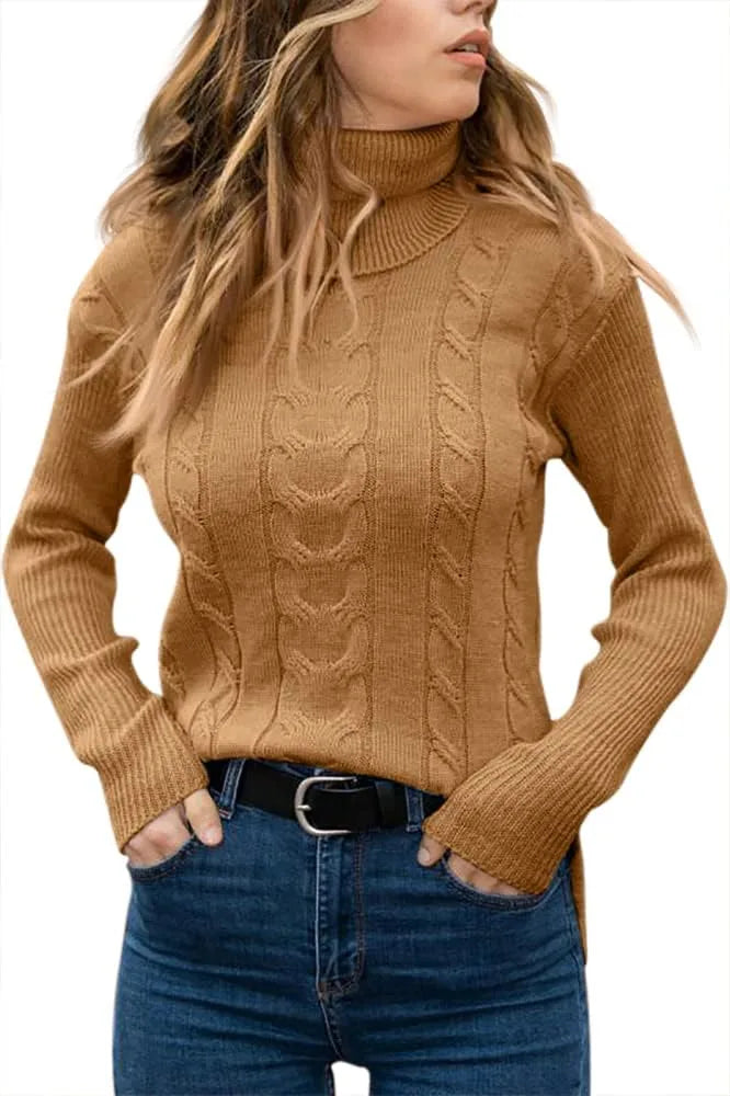 Grey cable-knit polo neck jumper, close crop of cable knit and collar