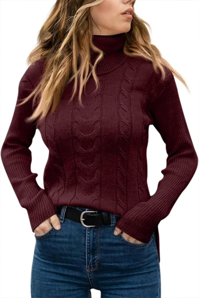 Olive green cable-knit polo neck jumper, front view with hands tucked in pockets