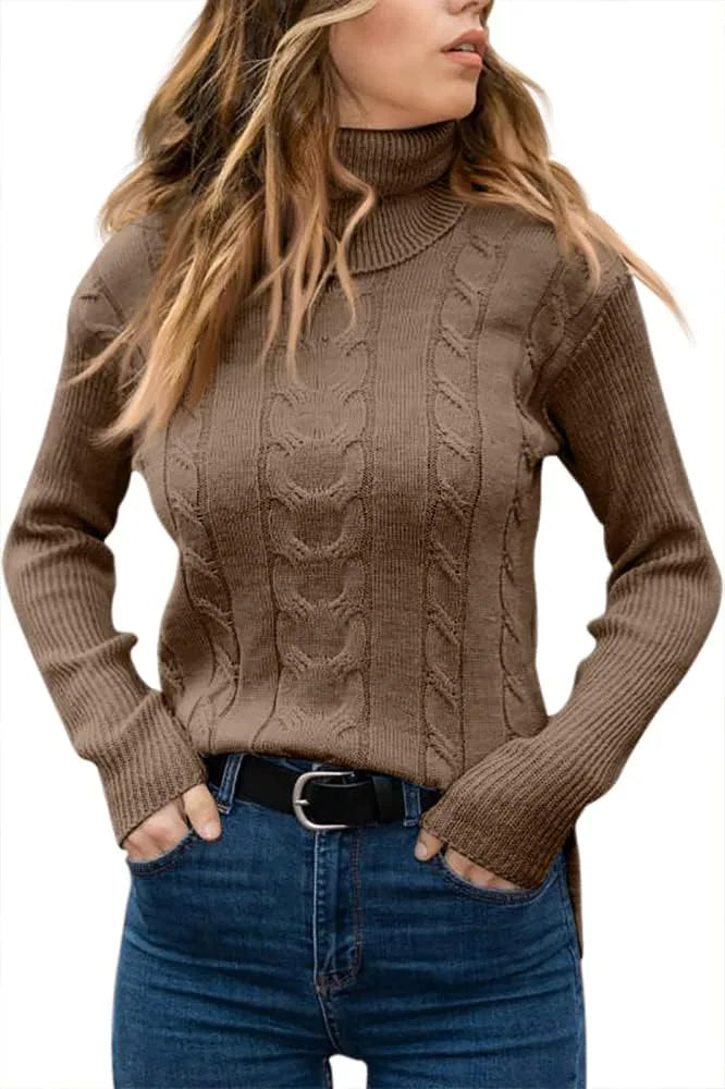 Black cable-knit polo neck jumper, close-up of the ribbed roll neck