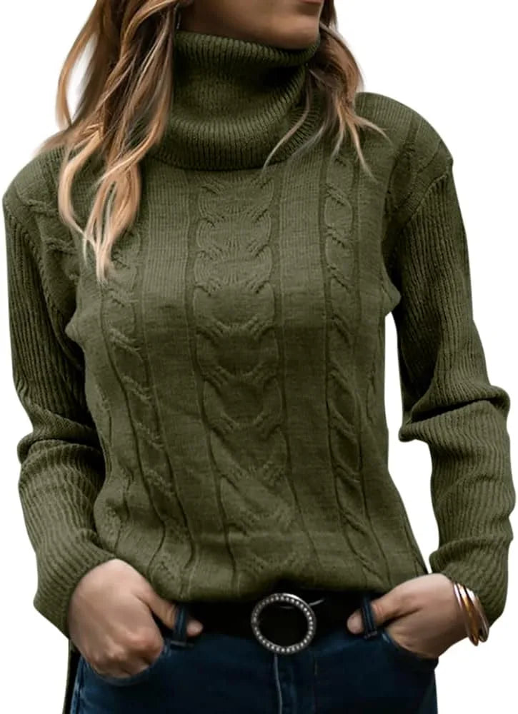 Close-up front view of an olive green cable-knit polo neck jumper showing raised cable texture