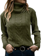 Close-up front view of an olive green cable-knit polo neck jumper showing raised cable texture