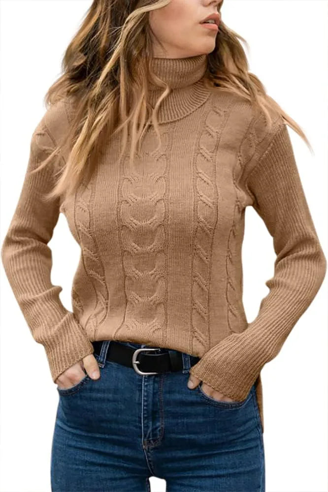 Grey cable-knit polo neck jumper, front view with cable knit pattern in focus